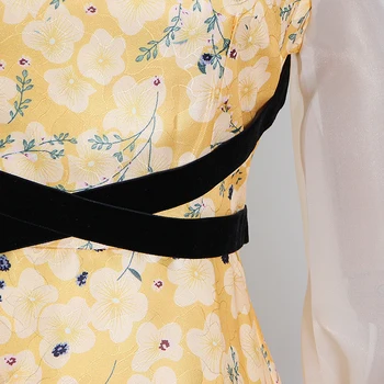 TWOTWINSTYLE Vintage Patchwork Vestido Plissado Para as Mulheres da Praça de Colarinho Flare de Manga Longa de Cintura Alta de Impressão Vestidos da Moda Feminina
