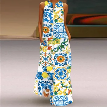 Floral Impressão de grandes dimensões Maxi Vestidos Para Mulheres 2021 Nova Retro Imprimir V-neck Multicolor Longo Sexy sem Mangas Vestido de Verão Vestes