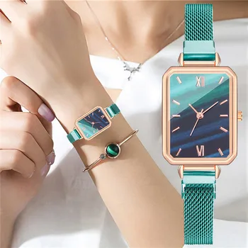 Mulheres Verde Watch Retângulo Magnético De Mármore De Discagem De Relógios De Luxo, Relógios De Pulso De Quartzo Reloj Mujer Zegarek Damski