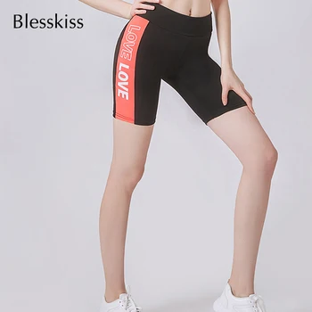BLESSKISS Letra Impressa Amor Shorts de Ioga Fitness Mulheres com Cintura Alta Esporte Vestir Shorts de Ginástica Para Senhoras Barriga de Controle de Curto Leggings