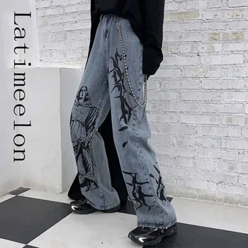 Latimeelon Moda Verão Ins de Rua, Hip-hop Impressão de Lavagem de Jeans Solto e Casual Harajuku Engraçado Jeans Wide Leg Pants da Maré Mulher