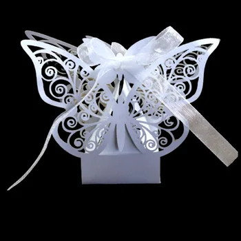 50Pcs Butterfuly de Corte a Laser Casamento Favores Presentes Caixa de Doces Caixas Com Fita Batizado chá de Bebê Festa de Casamento Decoração