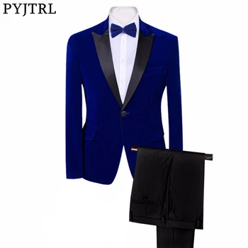 PYJTRL Marca Mens Clássico 3 Peças Conjunto de Ternos de Veludo Elegante Borgonha, Azul Royal, Preto Casamento Noivo Slim Fit Smoking, Traje de Baile