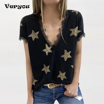 Lace Estrela de Cinco Pontas de Impressão 3D das Mulheres T-Shirt 2021 Verão Novo Manga Curta Tamanho Grande S-5XL Camisa de Moda as Mulheres Tees Tops