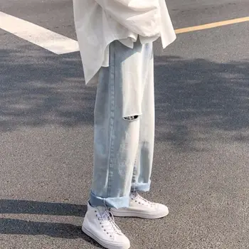 Japonês perfurado calças de brim das mulheres de verão de nova retro luz daddy calças coreano solta queda sensação de perna larga reta calças[entrega