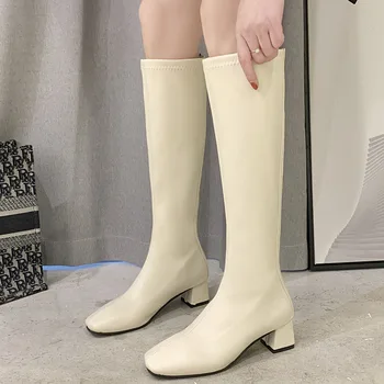 Moda verão Feminina Clássico Branca de Longos anos 60 a altura do Joelho, Sapatos com Salto Quadrado para as Mulheres 2021 Menina Gogo Botas de 70 Stiefel Senhoras