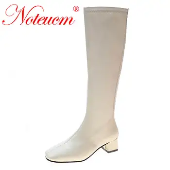 Moda verão Feminina Clássico Branca de Longos anos 60 a altura do Joelho, Sapatos com Salto Quadrado para as Mulheres 2021 Menina Gogo Botas de 70 Stiefel Senhoras