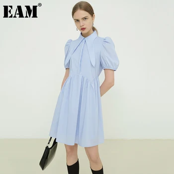[EAM] Mulheres Azul Tamanho Grande Vintage Camisa de Vestido Novo Lapela Curto Puff Luva de Ajuste Solto Moda Maré de Primavera Verão 2021 1DD89540