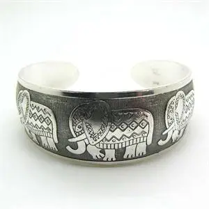 Vintage Tibetano Prata, Jóias Elefante Esculpido Aberto Pulseira Manguito De Largura Bracelete