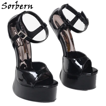 Sorbern Preto Patente Mulheres Sandálias Plataforma 22Cm Heelless Slingback de Verão, Sapatos de Tiras no Tornozelo Personalizado Senhora Sapato Fetiche Sem Salto