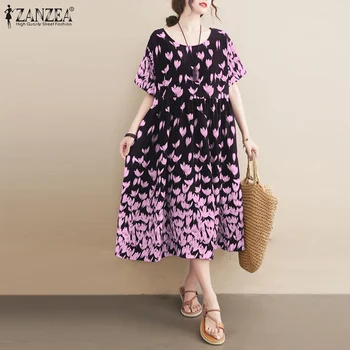 As mulheres do Vintage Vestido ZANZEA 2021 Verão Elegante estampa Floral Midi Vestidos de Senhoras Casual Manga Curta, Longa Sundress