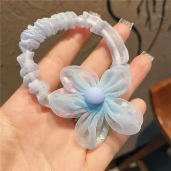 Meninas elástico bordado tridimensional flor pequena corda de cabelo anel super fada malha corda amarrada rabo de cavalo e acessórios para o cabelo