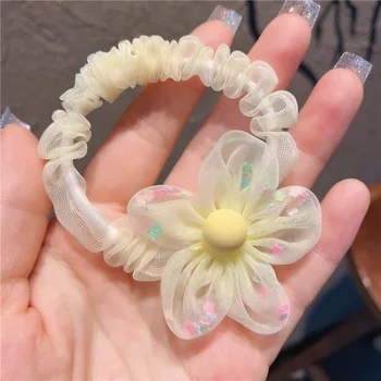 Meninas elástico bordado tridimensional flor pequena corda de cabelo anel super fada malha corda amarrada rabo de cavalo e acessórios para o cabelo