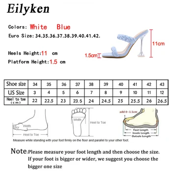 Eilyken Novo Design Tecer Couro do PLUTÔNIO das Mulheres do Verão Chinelo Dedo do pé Quadrado Sandálias da Moda de Cristal Transparente Saltos altos controle Deslizante de Sapatos