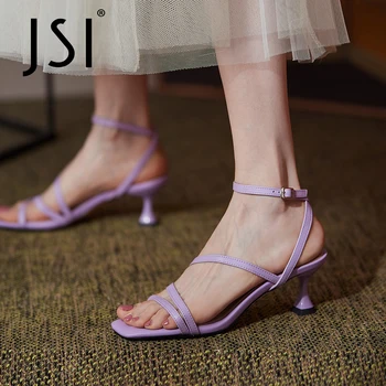 JSI de Couro Genuíno de Verão de Calçados femininos de Moda Estranho Calcanhar Doce e Elegante de Banda Estreita Festa de Dedo do pé Quadrado Roxo Sandálias VO119