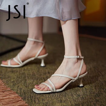JSI de Couro Genuíno de Verão de Calçados femininos de Moda Estranho Calcanhar Doce e Elegante de Banda Estreita Festa de Dedo do pé Quadrado Roxo Sandálias VO119