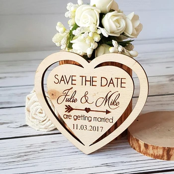 Personalizado oco de madeira salvar a data de imã do amor do coração guardar a data do casamento tag casamento guardar o cartão de data de casamento ímã de madeira