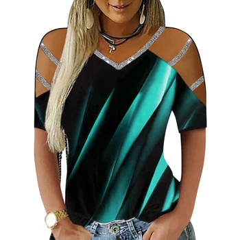 Senhoras Fora de Ombro Casual T-shirt das Mulheres de Verão Glitter V-Pescoço Aurora de Impressão Tops 