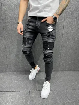 Novo Colorido Ripped Jeans Homens Casual Slim Fit Mens Zíper do Jeans Skinny Homme Marca de Motor Motociclista Hip Hop Branca, Calça preta