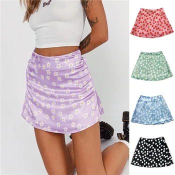Mulheres 2021 verão mini saias de cintura alta de cetim com estampa floral e saia curta Americano novo sexy-de-rosa lápis saias acima do joelho BSQ096