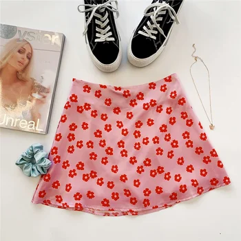 Mulheres 2021 verão mini saias de cintura alta de cetim com estampa floral e saia curta Americano novo sexy-de-rosa lápis saias acima do joelho BSQ096
