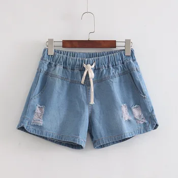 Novo 2021 Coreia do verão plus size shorts jeans para mulheres grandes e soltos azul cintura elástica buraco bolso do cinto de shorts jeans 3XL 4XL 5XL