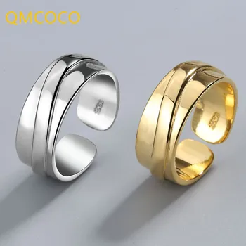 QMCOCO 925 Anéis de Prata Esterlina Para as Mulheres Ampla Lisa e Redonda Simples e Minimalista Abrir Ajustável Anéis de Dedo de Moda Feminina Presente