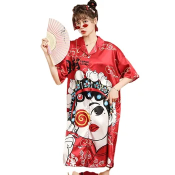 Nova Retro Estilo Chinês Pijamas Senhoras De Seda Noite Saia De Ópera De Pequim Face Chinoiserie Mulheres Solta Longa Camisola De Dormir Vestido