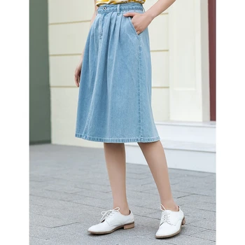 INMAN Senhora Jeans Azul do Sol Saia de Verão, o Design minimalista Kawaii Casual coreano Estilo de Moda Armar Joelho-Comprimento Mulheres Senhora Inferior