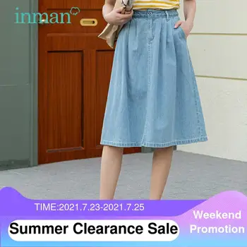 INMAN Senhora Jeans Azul do Sol Saia de Verão, o Design minimalista Kawaii Casual coreano Estilo de Moda Armar Joelho-Comprimento Mulheres Senhora Inferior