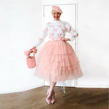 Cor-de-rosa Bonito Casual Chá de Comprimento de Saias de Tule Mulheres de Uma linha Feminina Saia em Camadas de Tule, Saias Bola Elástica Vestido Feito -
