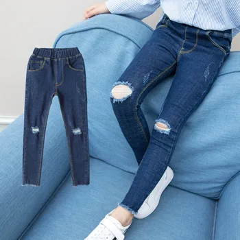 Adolescente Jeans Buraco Negro Rasgado Lápis, Calças de Menina Calças Jeans para Crianças 2021 Primavera Calças de Crianças de 10 a 12 anos