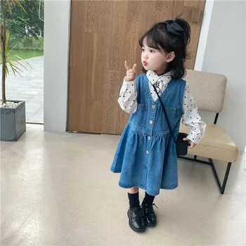 A criança de Vestidos da Menina de Jeans, Macacão Breasted Único Jumper Decote em V sem Mangas Mini Vestido com Bolso Criança Menina Primavera Roupas