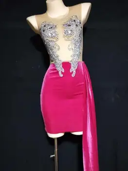Piscando De Prata Strass Cor-De-Rosa De Veludo Transparente Vestido De Comemorar O Aniversário De Trem Desde Roupa Das Mulheres Dançarina De Baile