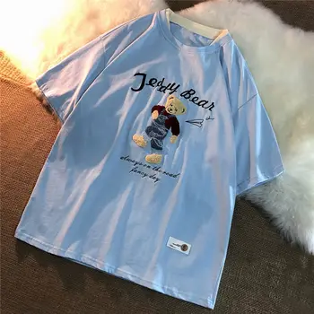 Harajuku Vintage bordado Urso T-Shirts Kawaii Roupas de Mulheres 2021 Algodão Camisetas Oversized Verão Streetwear Tees Plus Size