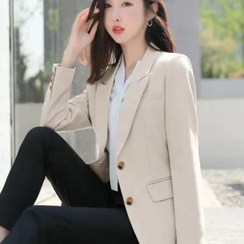 Blazer das Mulheres Elegantes Profissional de Moda Jaqueta coreano Outono Solto e Casual Vintage de Cor Sólida Único-o Blazer de abotoamento