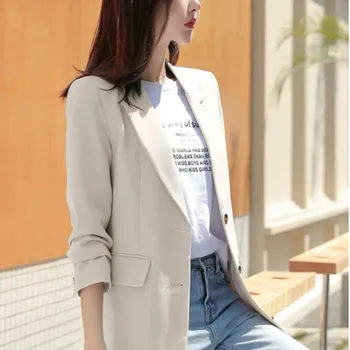 Blazer das Mulheres Elegantes Profissional de Moda Jaqueta coreano Outono Solto e Casual Vintage de Cor Sólida Único-o Blazer de abotoamento