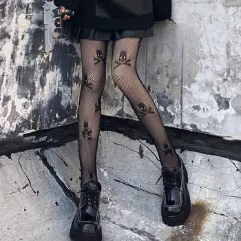 1 pc Sexy, Ficar Até Altas Coxa meia-Calça Arrastão Malha de Impressão de Crânio Punk Trecho de meia-Calça Para Mulheres Gótica sobre o joelho, meias longas 2021