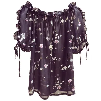 Barra Neck Chiffon Floral Mulheres Blusa De Verão Novo 2021 Babados Fino Solto Elegante Senhora Do Escritório Puxa Outwear Tops