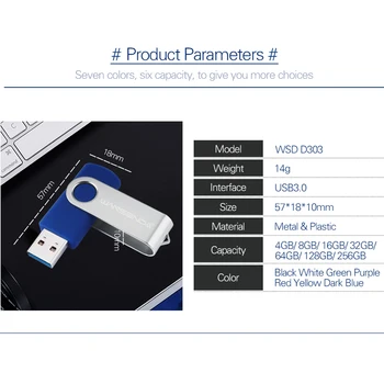 WANSENDA Unidade Flash USB de Rotação Pen Drive de 32GB 64GB Stick USB 3.0 128GB 256GB de Metal Pendrive cartão de Memória Flash para o PC da Tabuleta