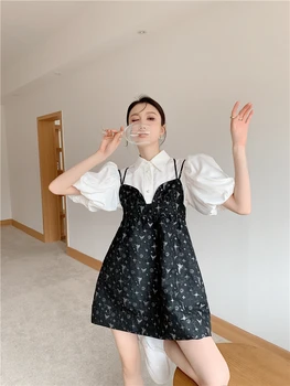 CHEERART Jacquard Preto Verão Vestido Escorregar coreano Moda sem encosto Spaghetti Strap Vestido Mini Kawaii Boneca com Vestido de Roupa das Mulheres