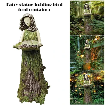 Sherwood Fern Fairy Statuary with Bird Feeder Resin Ornament Outdoor Garden Statue Super Cute SASI