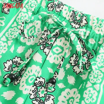 Tangada Mulheres do Vintage Floral Verde Shorts com Arco Strethy Bolsos de Cintura Feminina Retro Shorts Ocasionais de Pantalones 5Z252