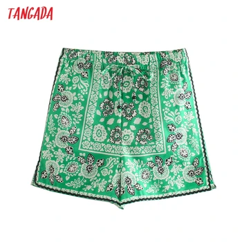 Tangada Mulheres do Vintage Floral Verde Shorts com Arco Strethy Bolsos de Cintura Feminina Retro Shorts Ocasionais de Pantalones 5Z252