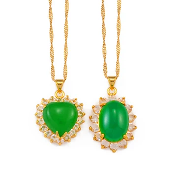 Anniyo Coração e Oval Pedra Verde Pingente Charme Neckalces para as Mulheres da Cor do Ouro Jóias De 2021 Havaiano Africana Ornamentos #200225