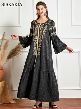 Ramadã, Eid Preto Jacquard Maxi Vestido para as Mulheres do Vintage Bordado Étnico Muçulmano árabe Omã, Kuwait Marroquino Manto Novo