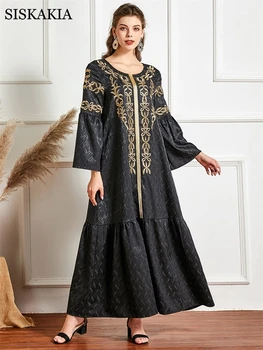 Ramadã, Eid Preto Jacquard Maxi Vestido para as Mulheres do Vintage Bordado Étnico Muçulmano árabe Omã, Kuwait Marroquino Manto Novo