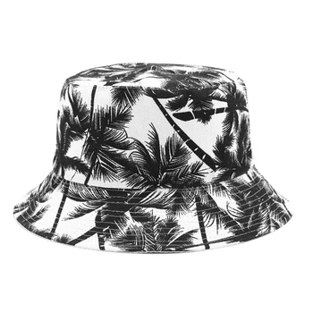 2021 Nova Moda Unissex Verão Reversível Preto Branco Coqueiro Impresso Pescador Caps Balde De Chapéus Homens Mulheres