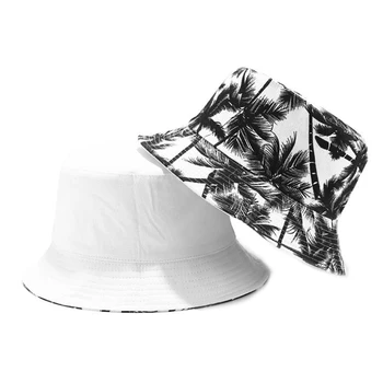 2021 Nova Moda Unissex Verão Reversível Preto Branco Coqueiro Impresso Pescador Caps Balde De Chapéus Homens Mulheres