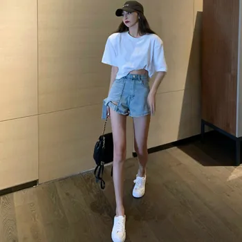 Shorts Mulheres Sólido Solta Verão-jogo de Moda Streetwear Feminino Jeans Lazer Diariamente Versão coreana Novo e Elegante Populares